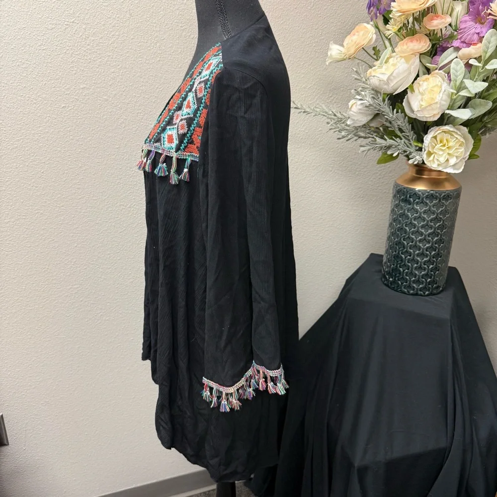 Lilypad Boho Kimono Cardigan | Black Tassel Trim Embroidered Festival Jacket - Picture 3 of 7